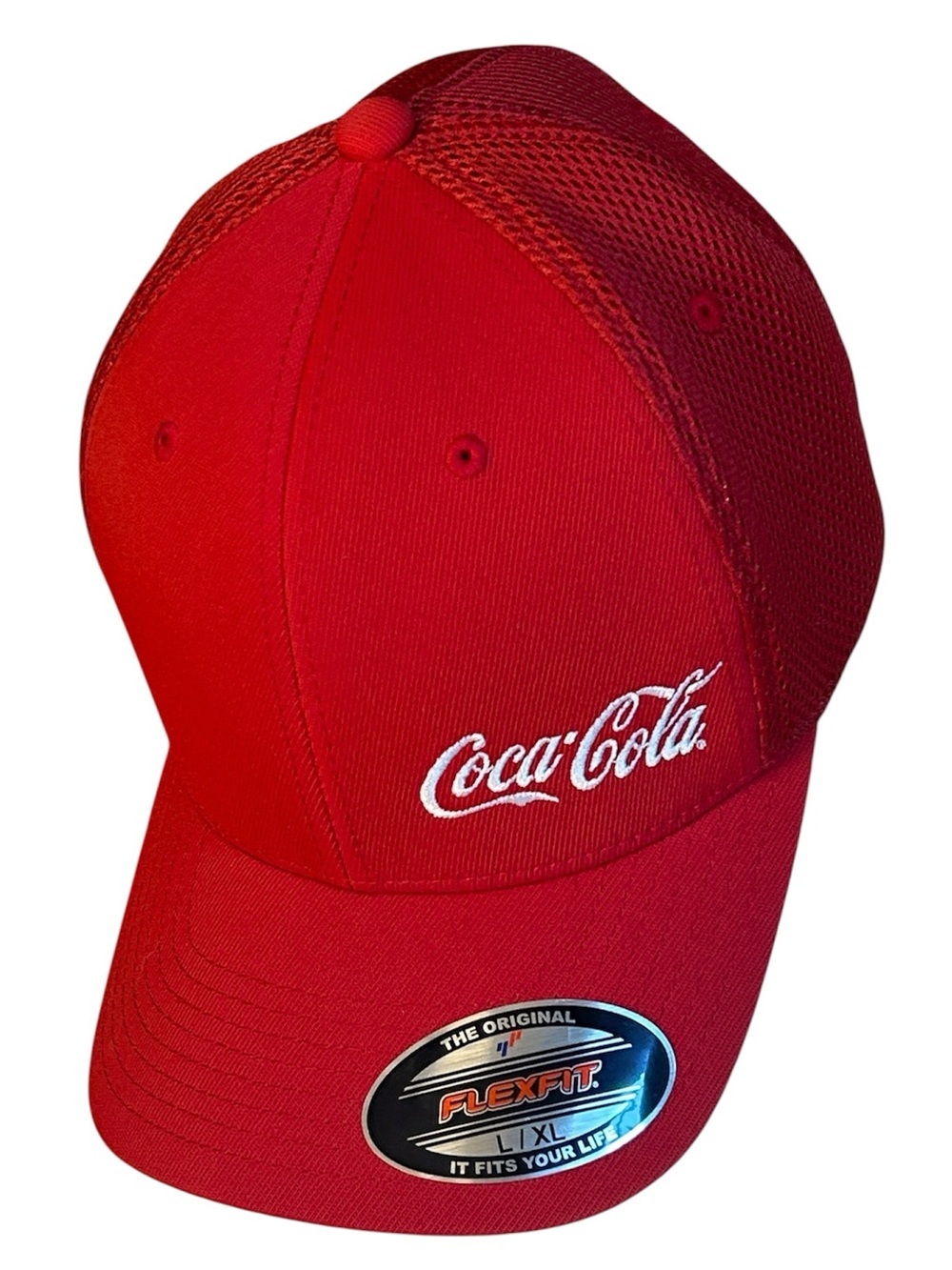 New Coca-Cola Flexfit Bright Red Mesh Back Baseball Trucker embroidered hat sz L
